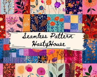 Boho lapptäcke sömlöst mönster | Digital nedladdning, 300 DPI, digitalt papper i blommig quiltstil, scrapbooking, tygdesign