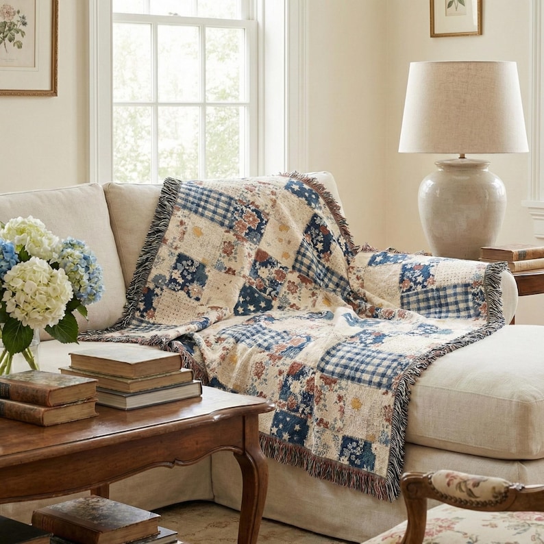 May include: A patchwork throw blanket with a mix of floral, star, and gingham patterns in blue, cream, and red tones. The blanket is draped over a white sofa, with a fringed edge. A cozy home decor item.