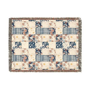 Americana Patchwork Quilt Style Blanket, Woven Cotton Jacquard Throw, Vintage Cottage Bedding, Heirloom Americana 1776 Textile image 8