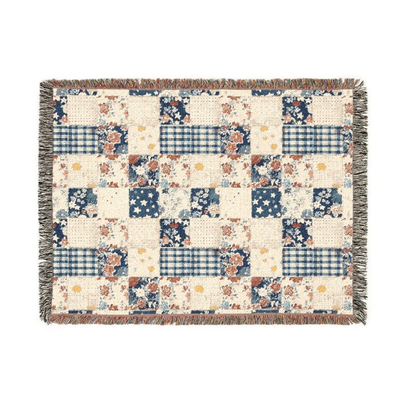 Americana Patchwork Quilt Style Blanket, Woven Cotton Jacquard Throw, Vintage Cottage Bedding, Heirloom Americana 1776 Textile image 8