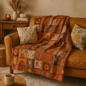May include: A cozy, orange and brown patchwork throw blanket with sunflower and floral patterns draped over a brown leather sofa. Two decorative pillows and a coffee mug are also visible, creating a warm, inviting atmosphere.