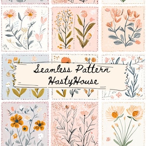 Op de afbeelding: Een naadloos patroonontwerp met bloemenillustraties in een raster. Het kunstwerk toont verschillende bloemen in tinten oranje, roze en blauw, met de tekst "Seamless Pattern HastyHouse" in het midden.