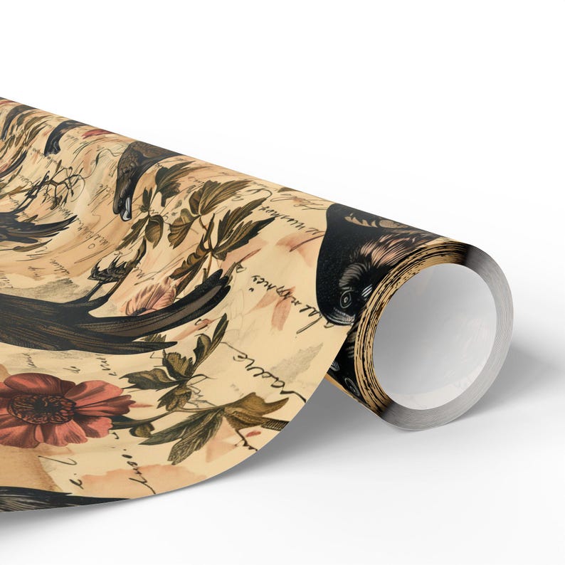 Vintage Crow Wrapping Paper Roll, Gothic Dark Academia Gift Wrap, Raven Ephemera, Poe Inspired, Halloween & Nature Lover Gift Packaging image 4