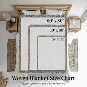 May include: A woven blanket size chart displays three rectangular blankets with dimensions of 60" x 80", 50" x 60", and 37" x 52". The blankets are white with fringed edges. The text "Woven Blanket Size Chart" is at the bottom.