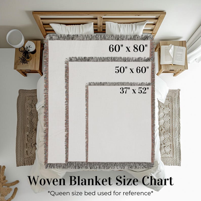 May include: A woven blanket size chart displays three rectangular blankets with dimensions of 60" x 80", 50" x 60", and 37" x 52". The blankets are white with fringed edges. The text "Woven Blanket Size Chart" is at the bottom.