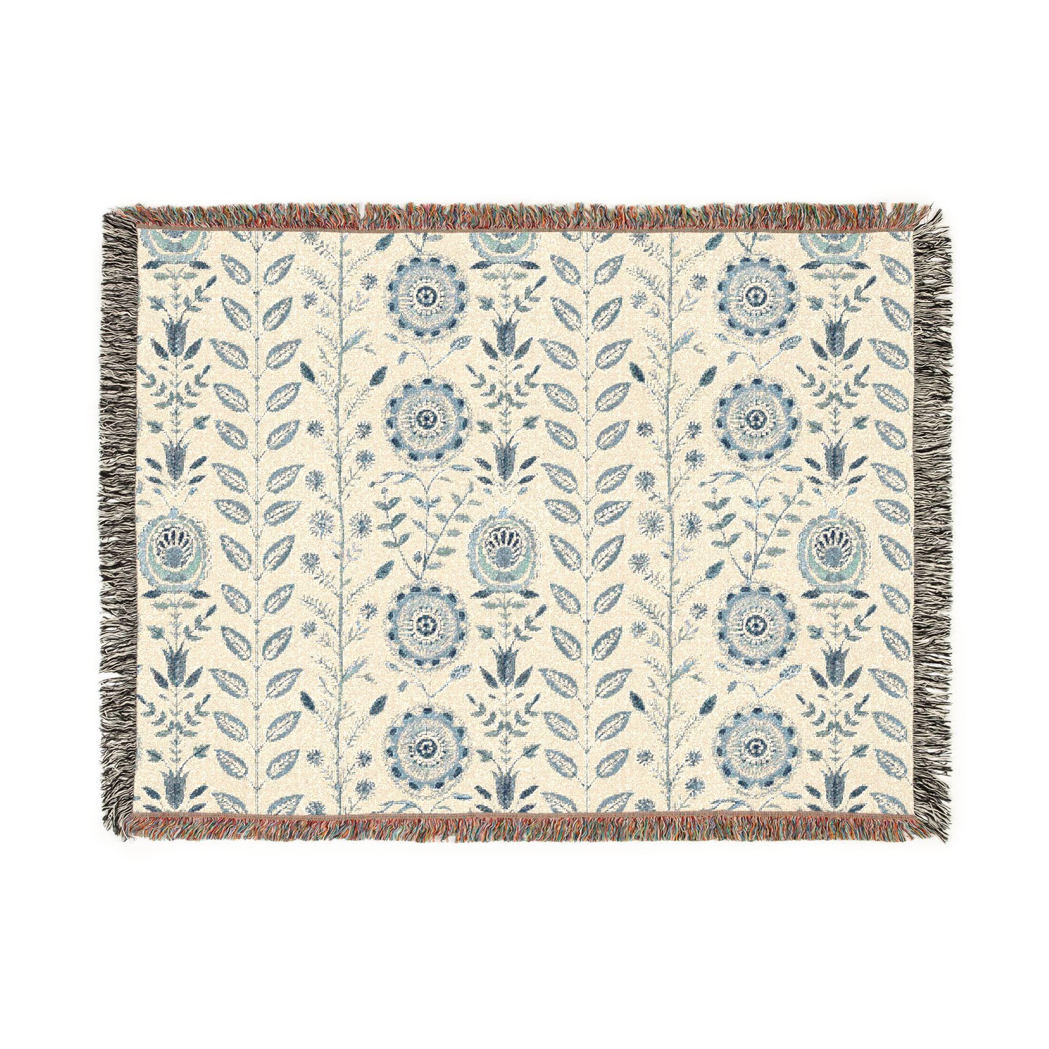 Floral Woven Cotton Throw Blanket With Fringe, Heirloom Cottage Style ...