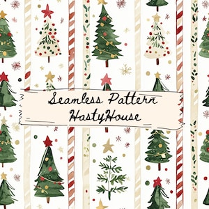 Puede incluir: Un patrón navideño sin costuras con ilustraciones en acuarela de árboles de Navidad verdes adornados con estrellas rojas y adornos dorados. El diseño incluye rayas de bastones de caramelo y el texto "Seamless Pattern HastyHouse" en una pancarta crema.