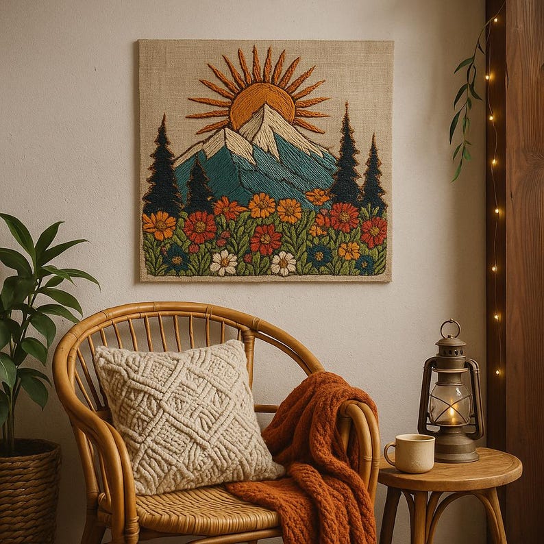 May include: Embroidered wall art featuring a mountain scene with a rising sun, evergreen trees, and colorful flowers. The artwork is displayed above a wicker chair with a cream-colored pillow and an orange blanket. A lantern and mug sit on a side table.
