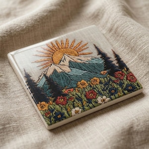 Posavasos de cerámica de montaña con aspecto bordado / Posavasos con paisaje natural estilo cottagecore / Posavasos artísticos con azulejos para bebidas, decoración del hogar tipo cabaña