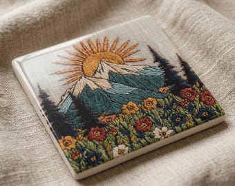 Embroidered Look Mountain Ceramic Coaster | Cottagecore Landscape Nature Coaster | Art Tile Drink Coaster Lodge Home Decor