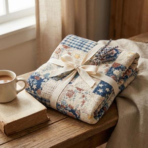 May include: A folded, patterned quilt tied with a cream-colored ribbon and a bundle of lavender. The quilt features a patchwork design with blue, red, and cream-colored squares. A cup of coffee and an open book are on a wooden surface.