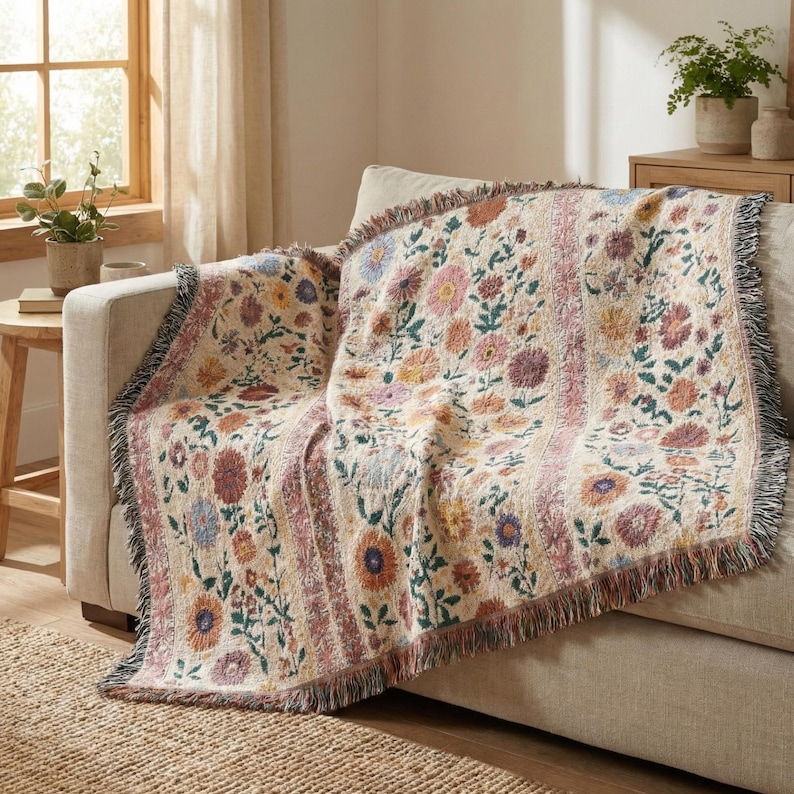 May include: A floral patterned throw blanket draped over a sofa. The blanket features a cream background with colorful flowers in shades of pink, orange, yellow, and blue. The edges have a fringed trim.
