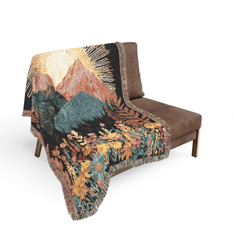 Sunrise Mountain Woven Wall Tapestry, Boho Nature Textile Art, Floral Landscape Heirloom Decor, Cottagecore & Modern Rustic Wall Hanging image 8