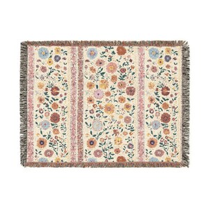 Floral Woven Throw Blanket, Boho Cottage Cotton Fringe Blanket, Cozy Pink Floral Home Decor, Housewarming Gift for Mom or Sister image 8