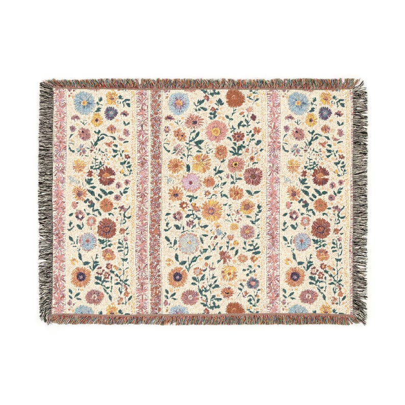 Floral Woven Throw Blanket, Boho Cottage Cotton Fringe Blanket, Cozy Pink Floral Home Decor, Housewarming Gift for Mom or Sister image 8