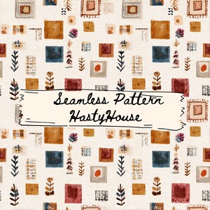 Könnte beinhalten: Nahtloses Aquarellmuster mit Quadraten, Rechtecken und botanischen Elementen in Braun-, Blau- und Rottönen. Das Design enthält den Text "Seamless Pattern HastyHouse" auf einem cremefarbenen Banner.