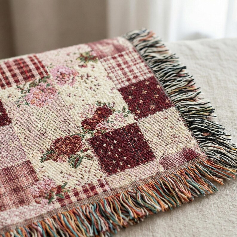 Spring Woven Cotton Patchwork Blanket, Vintage Floral Cottage Throw, Cozy Heirloom Gift for Grandma image 4