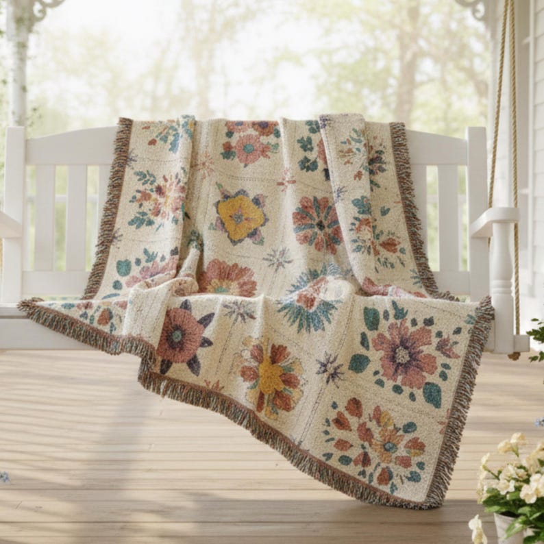 K&ouml;nnte beinhalten: Eine cremefarbene Decke mit einem Blumenmuster in Rosa-, Gelb- und Blaut&ouml;nen. Die Decke hat einen Fransenrand und ist &uuml;ber einer wei&szlig;en Schaukel drapiert. Das Blumendesign ist in einem Raster angeordnet.
