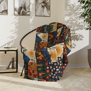 Manta de terciopelo ligera con estampado de montaña bohemia y patchwork, tapiz de bosque estilo cottagecore, decoración del hogar, regalo para actividades al aire libre. imagen 6