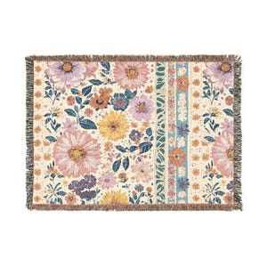 Vintage Floral Woven Blanket, Cottage Garden Throw, Botanical Cotton Blanket, Cottagecore Home Decor, Housewarming Gift for Gardener image 4