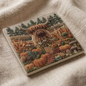 Könnte beinhalten: Ein quadratischer Untersetzer mit einer detaillierten Stickerei eines zotteligen Hochlandrindes in einem Feld aus Kürbissen, Herbstblättern und Wildblumen, vor einer Kulisse aus grünen Kiefern auf einer strukturierten, hellen Stoffoberfläche.