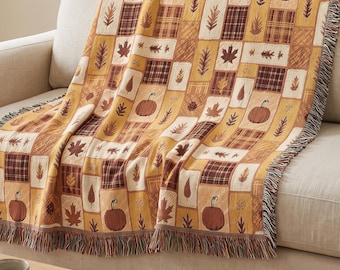 Manta tejida de algodón para otoño, regalo para anfitriona de Acción de Gracias, decoración otoñal para el hogar, manta de cosecha con retazos de calabaza, regalo de inauguración de casa