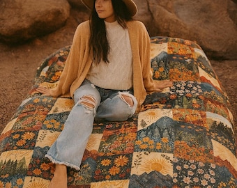 Printed Boho Mountain Patchwork Blanket Lightweight Velveteen Throw, Cottagecore Forest Tapestry, Home Decor Outdoorsy Gift