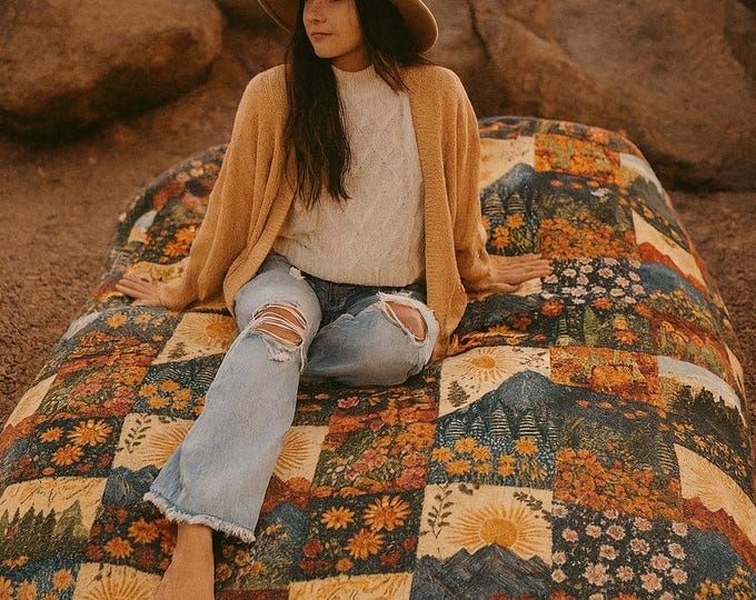 Printed Boho Mountain Patchwork Blanket Lightweight Velveteen Throw, Cottagecore Forest Tapestry, Home Decor Outdoorsy Gift