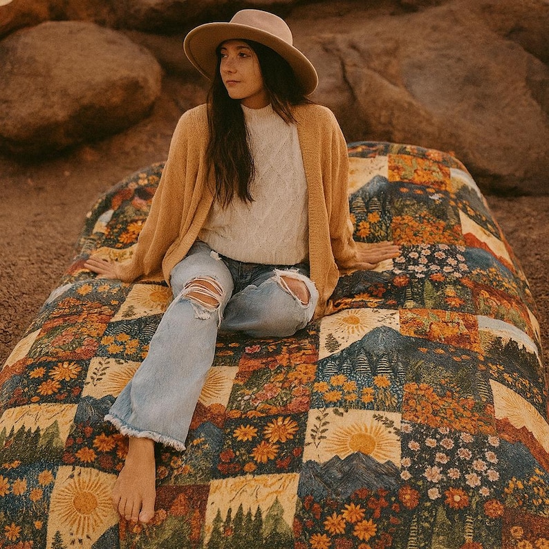 Puede incluir: Un edred&oacute;n de retazos colorido con un dise&ntilde;o de monta&ntilde;a y flores. El edred&oacute;n presenta una variedad de colores, incluyendo azul, naranja, amarillo y verde. El edred&oacute;n es rectangular y parece estar hecho de algod&oacute;n o una tela similar.