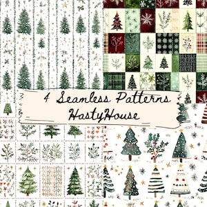 Peut inclure: Quatre motifs de Noël sans couture avec des illustrations à l'aquarelle de sapins de Noël, d'étoiles et de feuillages festifs. Les motifs sont dans les tons de vert, de rouge et de blanc, avec divers motifs et arrangements d'arbres. Le texte "4 Seamless Patterns HastyHouse" est affiché.