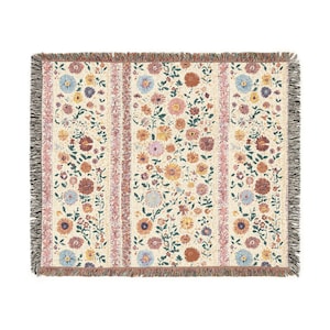 Floral Woven Throw Blanket, Boho Cottage Cotton Fringe Blanket, Cozy Pink Floral Home Decor, Housewarming Gift for Mom or Sister image 7