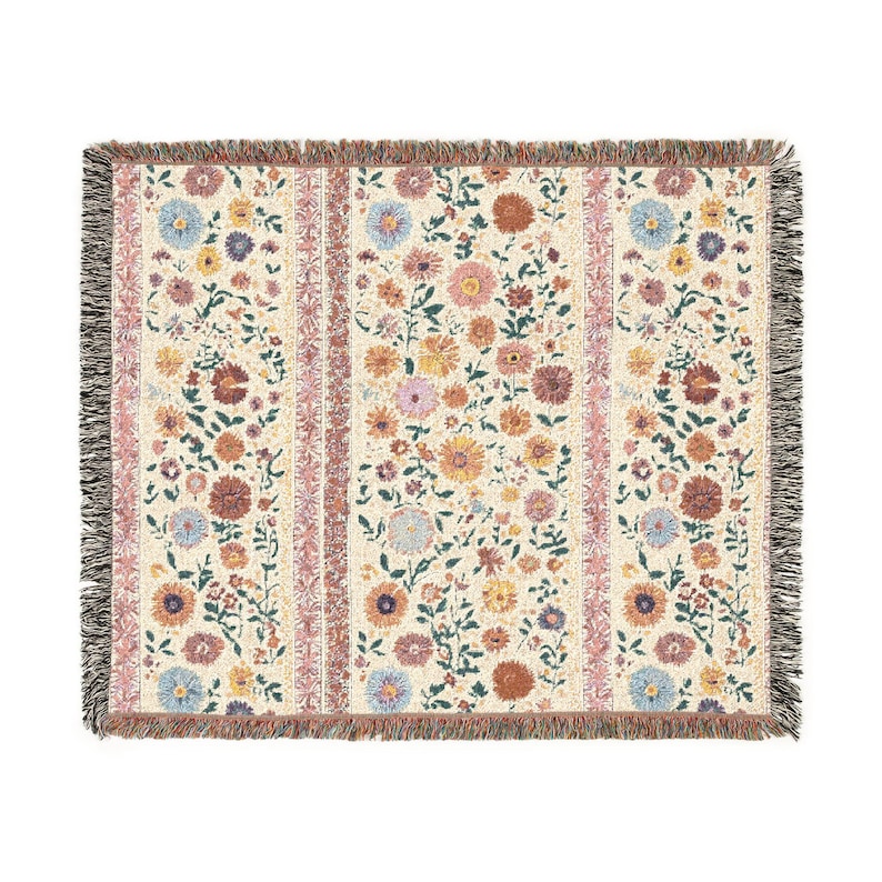Floral Woven Throw Blanket, Boho Cottage Cotton Fringe Blanket, Cozy Pink Floral Home Decor, Housewarming Gift for Mom or Sister image 7
