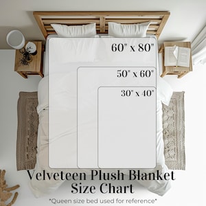 Puede incluir: Un cuadro de tallas para una manta de felpa Velveteen, con dimensiones de 76 cm x 102 cm, 127 cm x 152 cm y 152 cm x 203 cm mostradas en una cama. El texto "Velveteen Plush Blanket Size Chart" est&aacute; en la parte inferior.