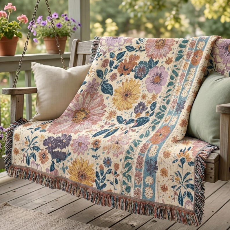 May include: A floral tapestry throw blanket draped over a wooden swing. The blanket features large, colorful flowers in shades of pink, yellow, and blue on a cream background. The throw has a fringed edge.