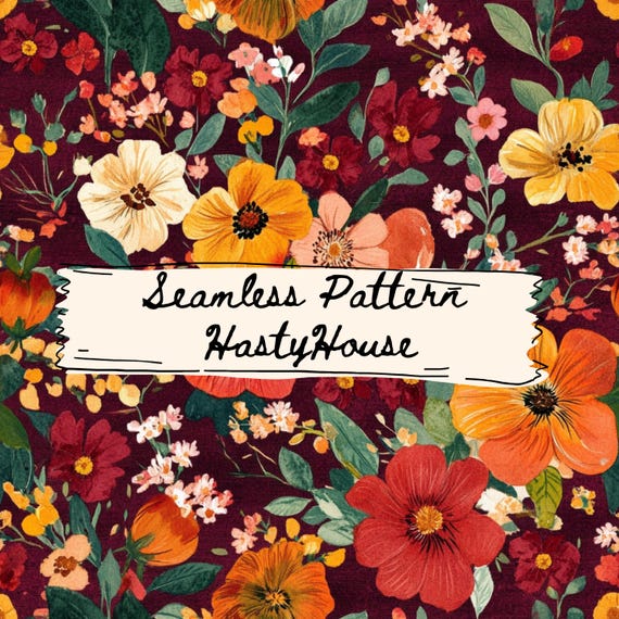 Fall Floral Seamless Pattern, Moody Autumn Digital Paper, Commercial Use Floral Background, 300 DPI High Resolution, Scrapbooking Paper