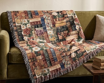 Floral Book Woven Blanket, Vintage Library Throw, Book Lover Gift, Cottagecore Reading Nook Decor, Librarian or Teacher Gift