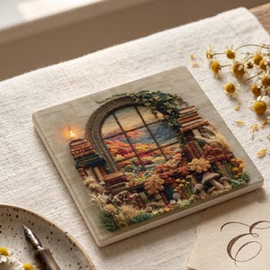 Puede incluir: Una placa decorativa cuadrada con una escena bordada detallada de una ventana arqueada con vistas a un paisaje otoñal. Pilas de libros, follaje seco y pequeñas setas rodean la ventana, con una pequeña luz brillante sobre un libro.