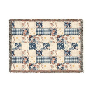 Americana Patchwork Quilt Style Blanket, Woven Cotton Jacquard Throw, Vintage Cottage Bedding, Heirloom Americana 1776 Textile image 6