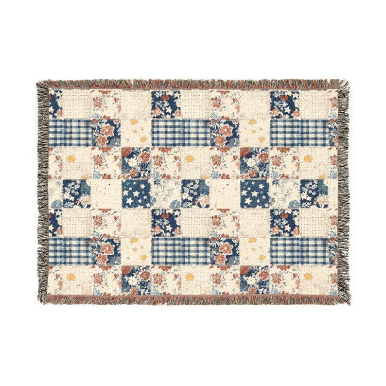 Americana Patchwork Quilt Style Blanket, Woven Cotton Jacquard Throw, Vintage Cottage Bedding, Heirloom Americana 1776 Textile image 6