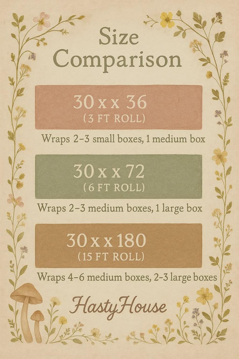 May include: A beige graphic with the text "Size Comparison" and three rectangular blocks showing wrapping paper roll sizes: 30 x 36 inches, 30 x 72 inches, and 30 x 180 inches. The image includes floral illustrations and the "Hasty House" logo.