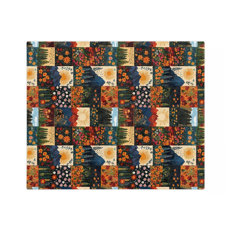 Manta de terciopelo ligera con estampado de montaña bohemia y patchwork, tapiz de bosque estilo cottagecore, decoración del hogar, regalo para actividades al aire libre. imagen 9