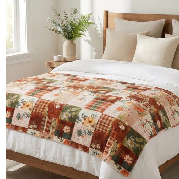 Printed Patchwork Velveteen Blanket, Lightweight Cottagecore Throw, Cozy Gift for Mom, Grandma Gift, Soft Farmhouse Decor