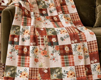 Fall Floral Throw Blanket, Printed Patchwork Plaid, Lightweight Velveteen Blanket, Cottagecore Decor, Thanksgiving Housewarming Gift