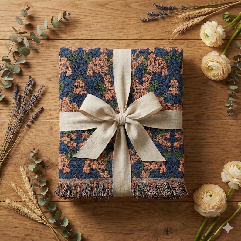 May include: A rectangular woven throw blanket featuring a dark blue background with a repeating pattern of peach-colored floral clusters and green leaves. The blanket is folded and tied with a wide, light beige linen ribbon and has fringe.