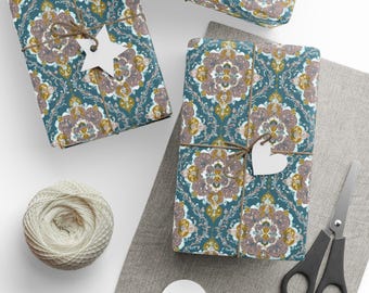 May include: Gift-wrapped presents with teal and floral patterned paper, tied with twine and adorned with star and heart-shaped tags. A ball of twine, scissors, and blank tags are also visible, suggesting a focus on gift-giving and crafting.