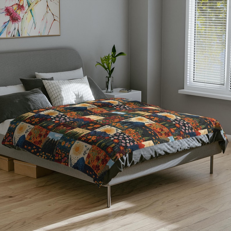 Manta de terciopelo ligera con estampado de montaña bohemia y patchwork, tapiz de bosque estilo cottagecore, decoración del hogar, regalo para actividades al aire libre. imagen 7