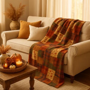 Op de afbeelding: Een gezellige woonkamer met een beige bank versierd met een patchwork deken in herfsttinten van oranje, rood en groen. Kussens in oranje en crème liggen op de bank. Een houten salontafel toont pompoenen, kaarsen en een geweven dienblad.