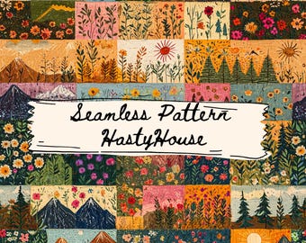 Seamless Boho Mountain Patchwork Pattern, Digital Download PNG, Commercial Use, Fabric Design, Sublimation, Paper Crafts