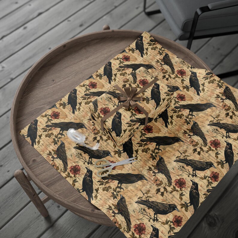 Vintage Crow Wrapping Paper Roll, Gothic Dark Academia Gift Wrap, Raven Ephemera, Poe Inspired, Halloween & Nature Lover Gift Packaging image 5