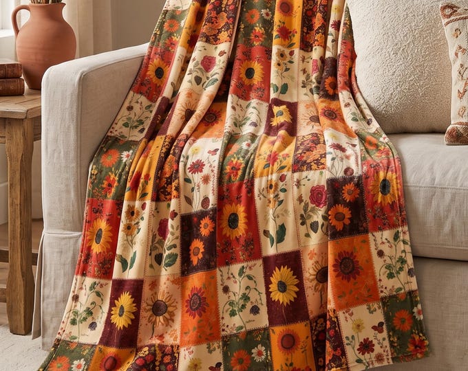 Fall Boho Patchwork Velveteen Blanket, Printed Faux Quilt, Lightweight Sunflower Floral Throw, Cozy Cottagecore Queen Bed Decor